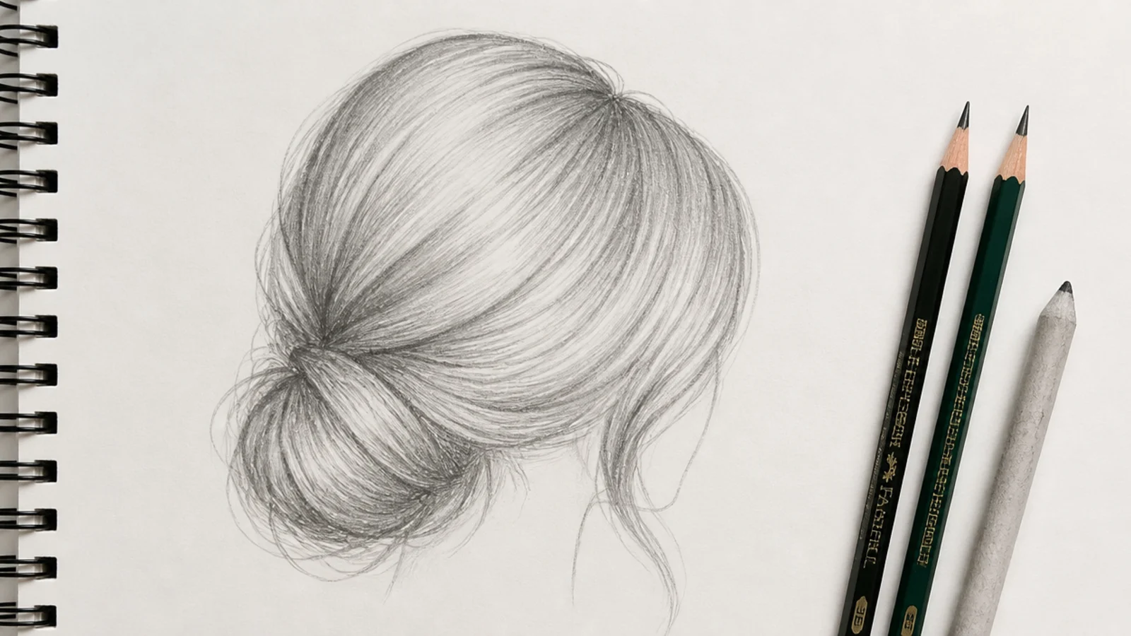 Light pencil flow lines fanning from the crown across a blocked hair silhouette sketch on paper