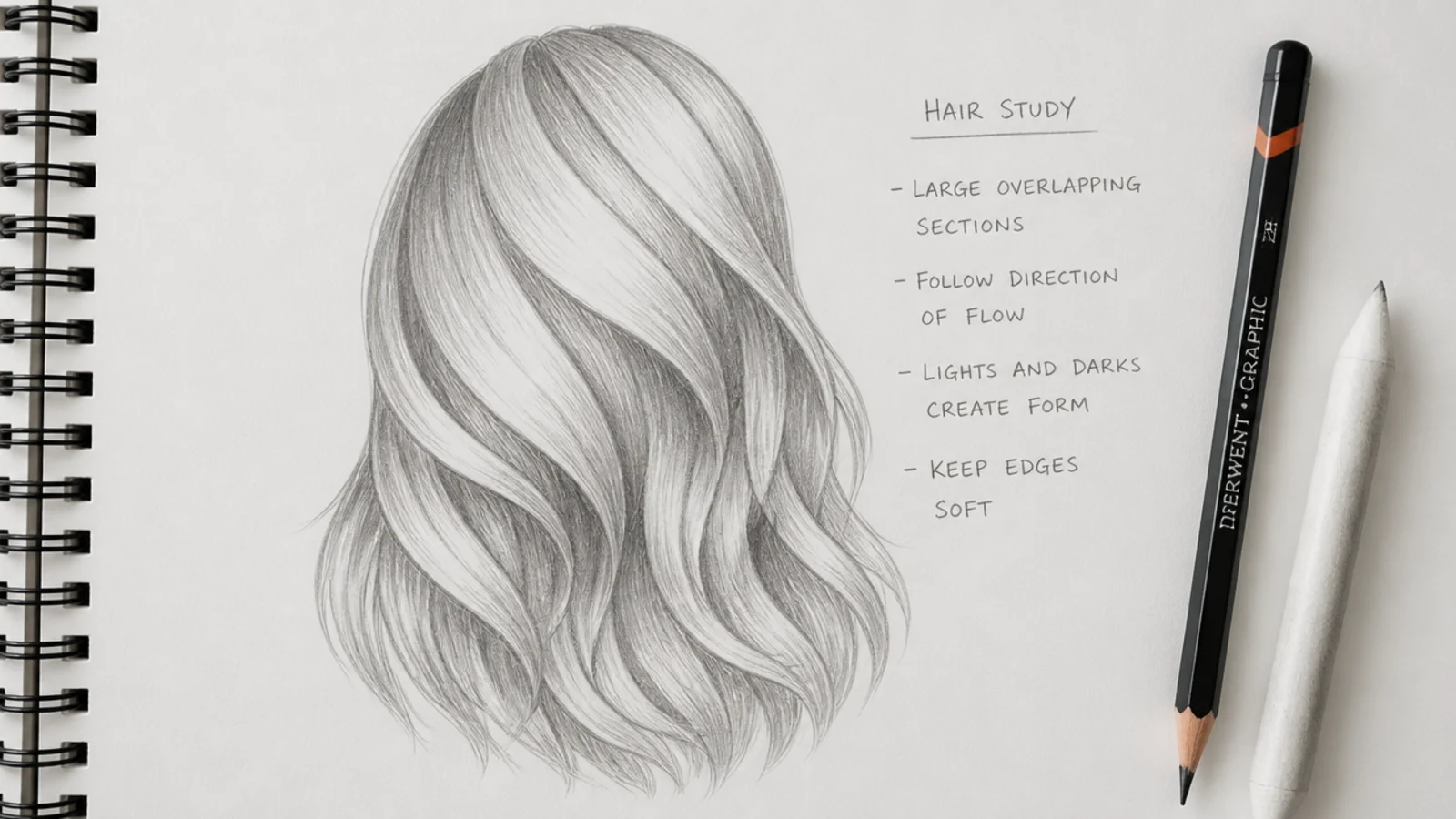 Hair sketch divided into large overlapping strand group shapes with 2H pencil on paper