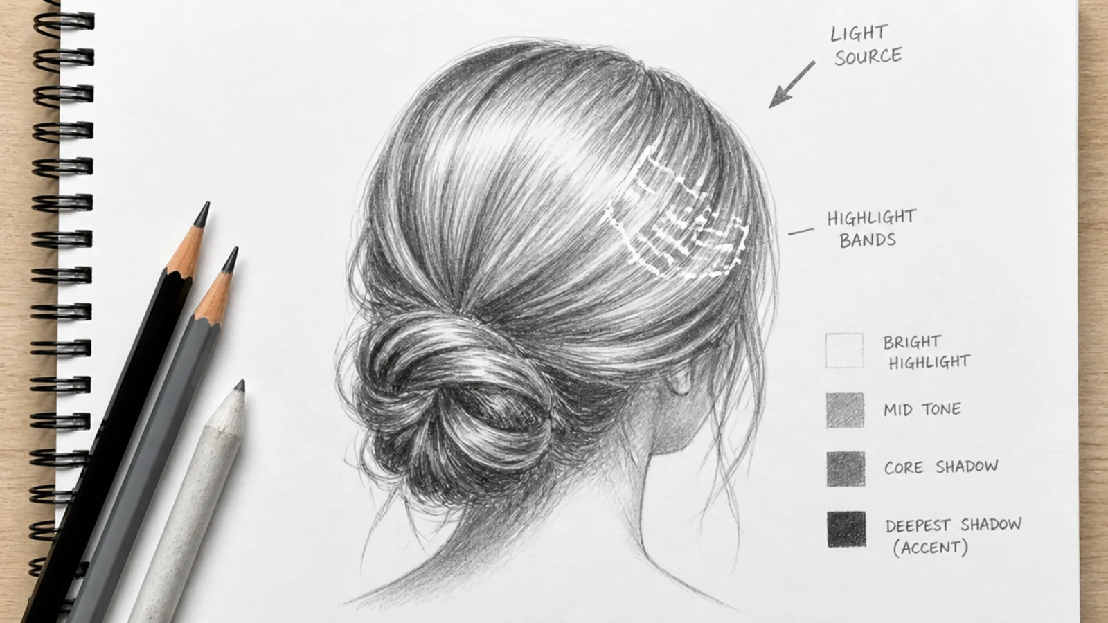 Pencil hair sketch with an arrow marking the light source and highlight bands mapped across the crown
