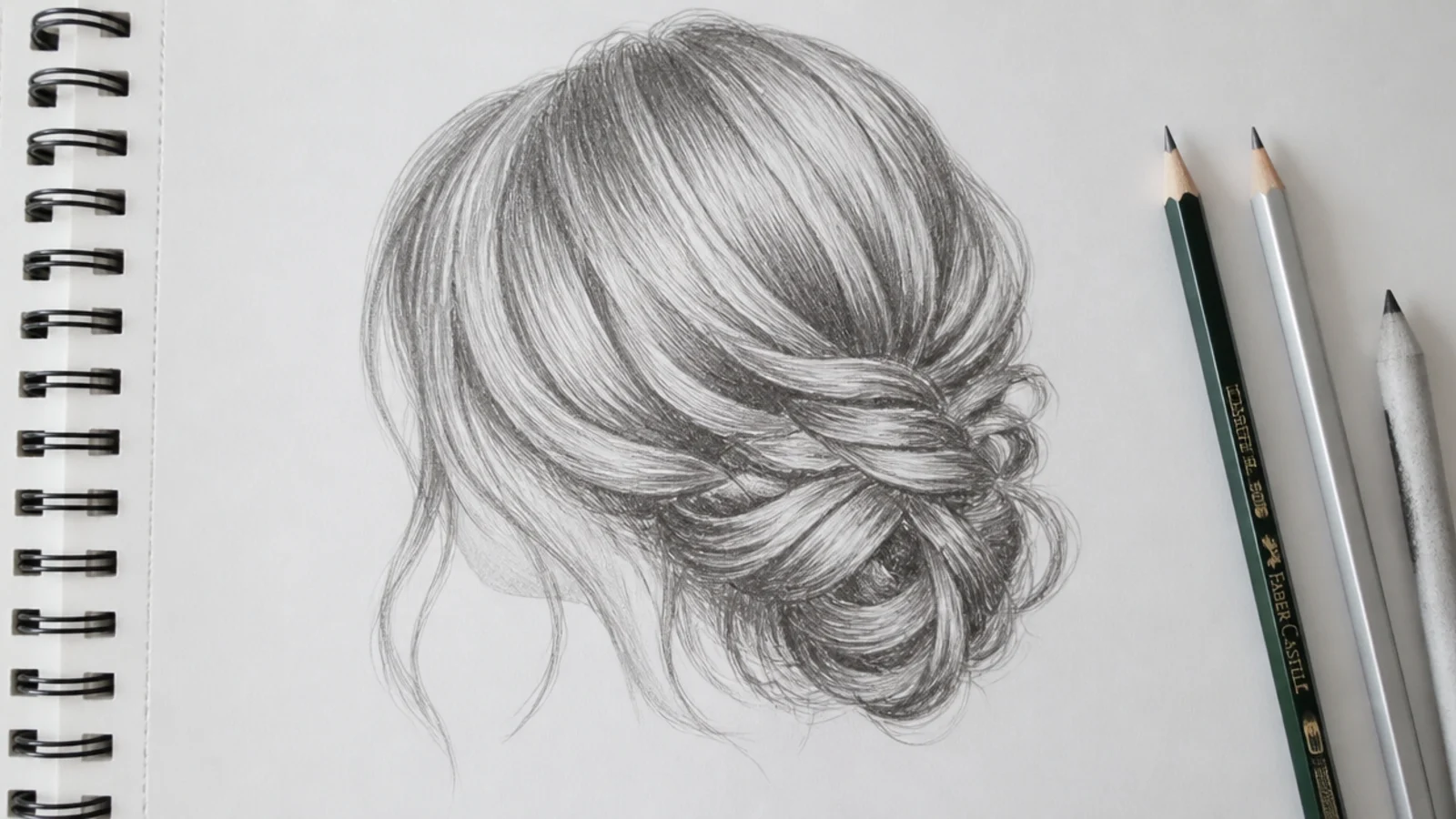 Even 2B graphite mid tone laid across a hair sketch with highlight bands left as white paper