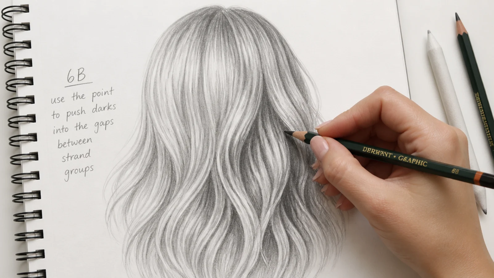 Dark 6B graphite cores pushed into the gaps between strand groups on a pencil hair sketch
