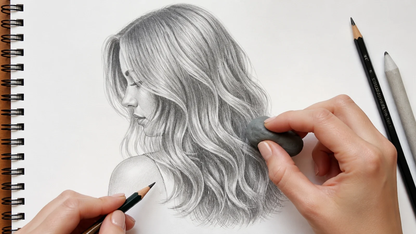 Kneaded eraser lifting highlight strands and fine flicks added to the ends of a finished hair sketch