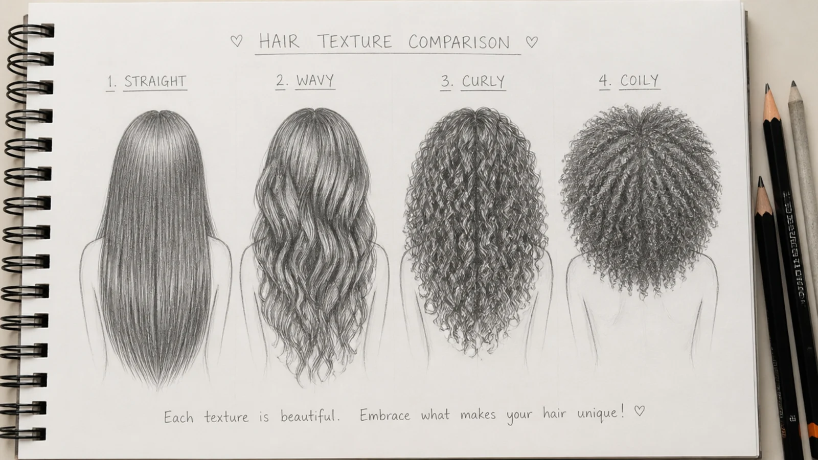 Four pencil sketch panels comparing straight, wavy, curly and coily hair texture on one page