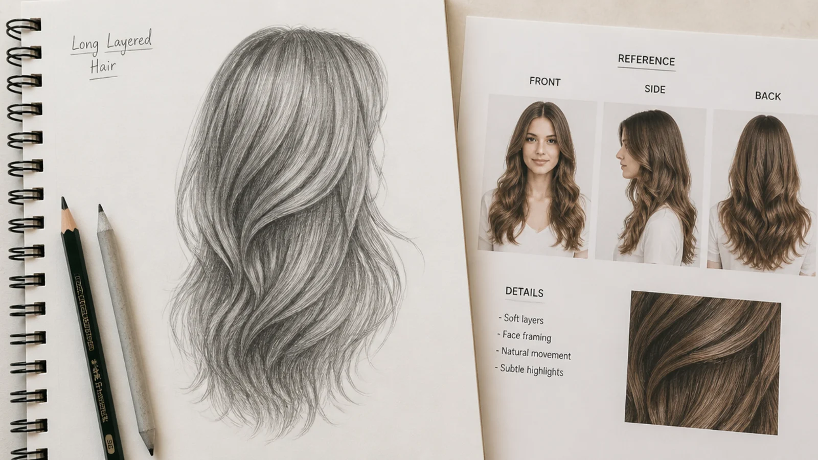 Pencil hair sketch on paper beside a printed reference sheet showing front, side and back views