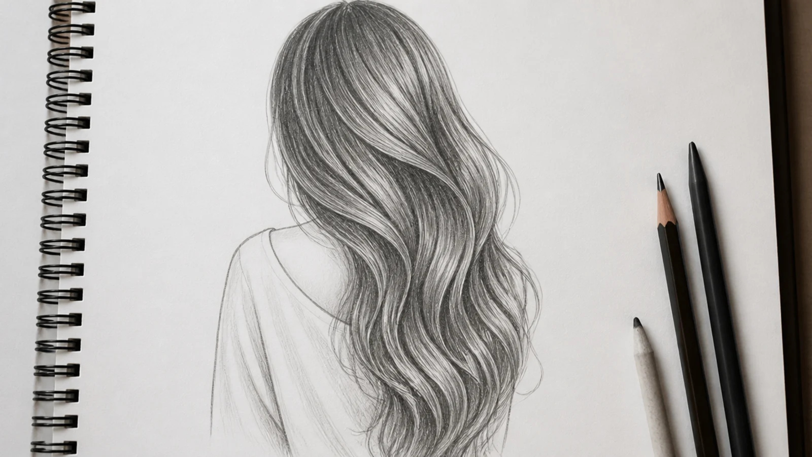 Graphite sketch of long wavy hair swept over one shoulder with S curve flow lines to the waist