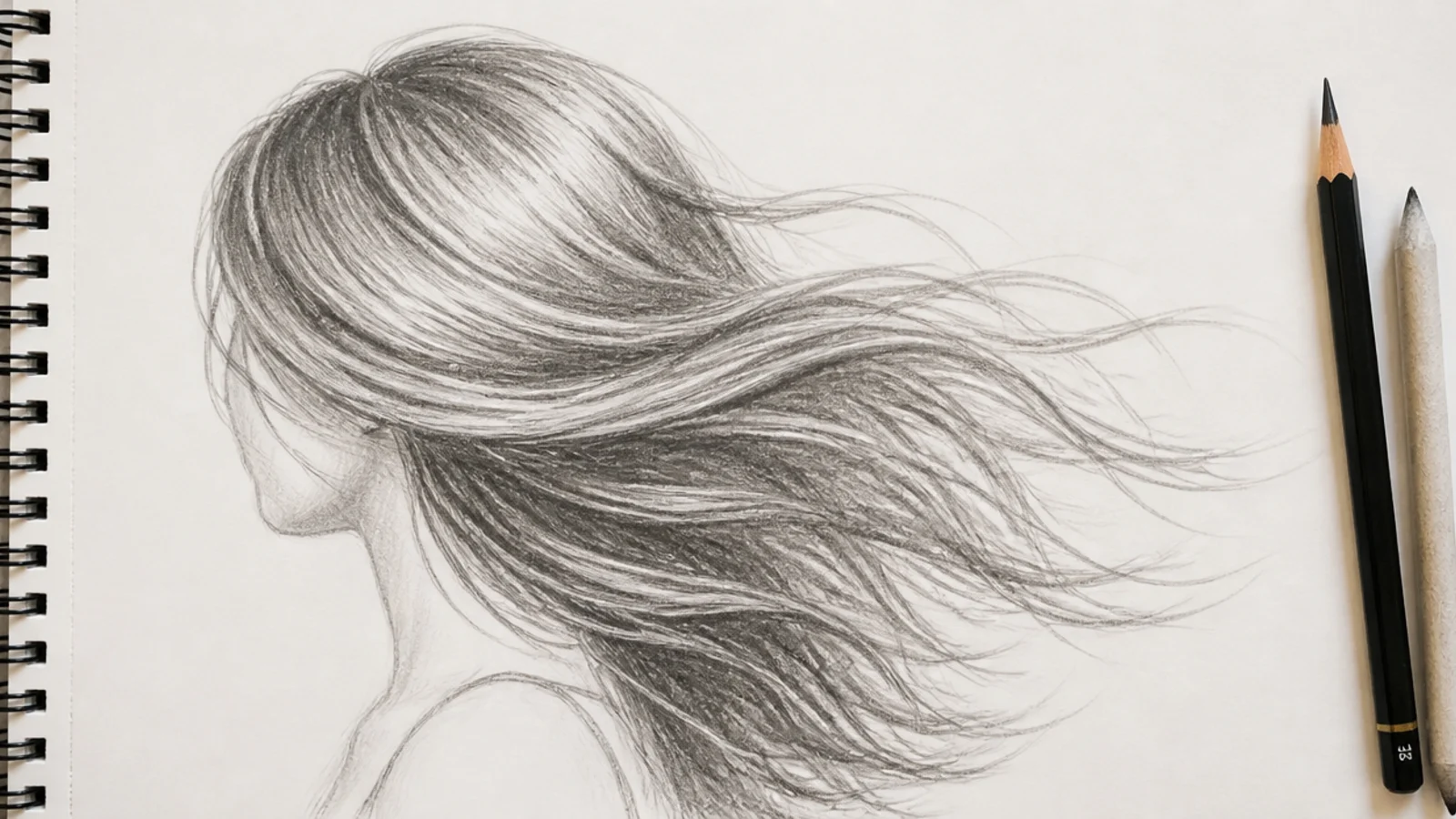 Pencil drawing of long hair blowing sideways in the wind seen from the side with trailing strand groups