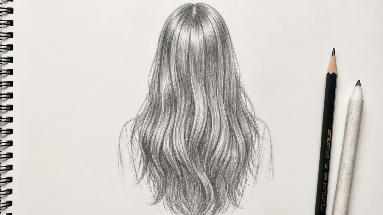 Graphite back view sketch of long hair falling to the waist with a visible crown swirl and center flow