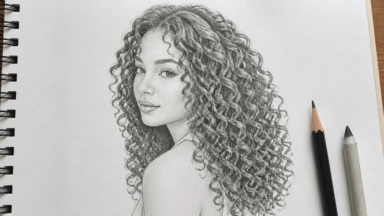 Pencil sketch of long 3B curly hair in defined spirals drawn from a three quarter view