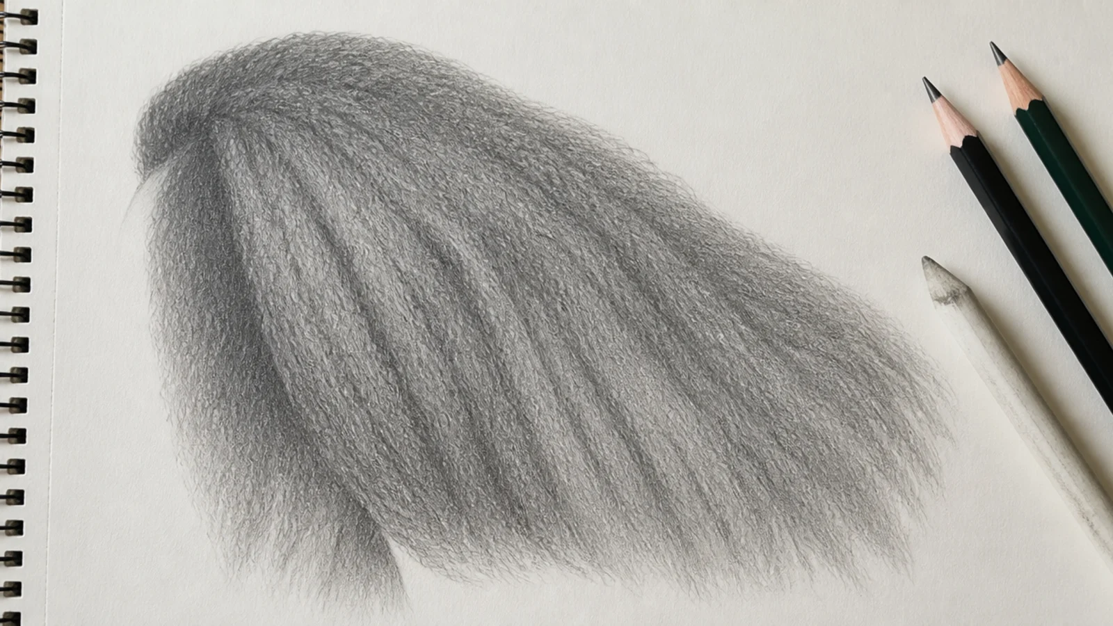 Graphite sketch of long stretched 4C coily hair drawn as a soft silhouette with no hard outline