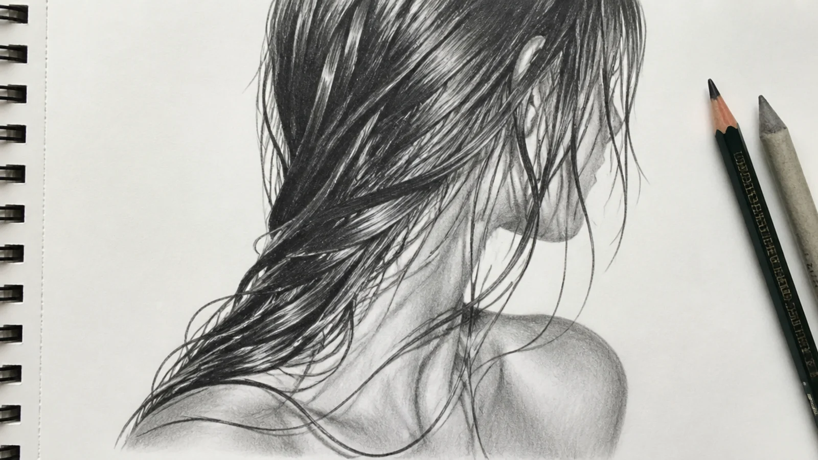 Pencil drawing of wet long hair in dark clumped sections clinging to the shoulders with sharp highlights