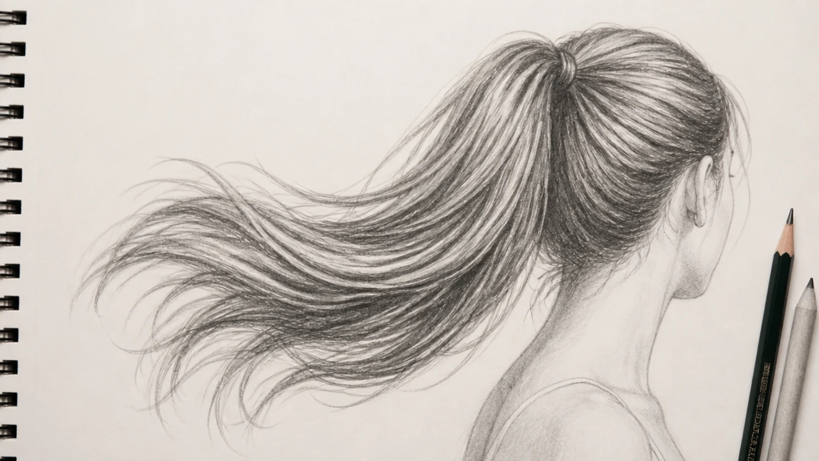 Graphite sketch of long hair in a high ponytail swinging out mid turn with motion in the tail