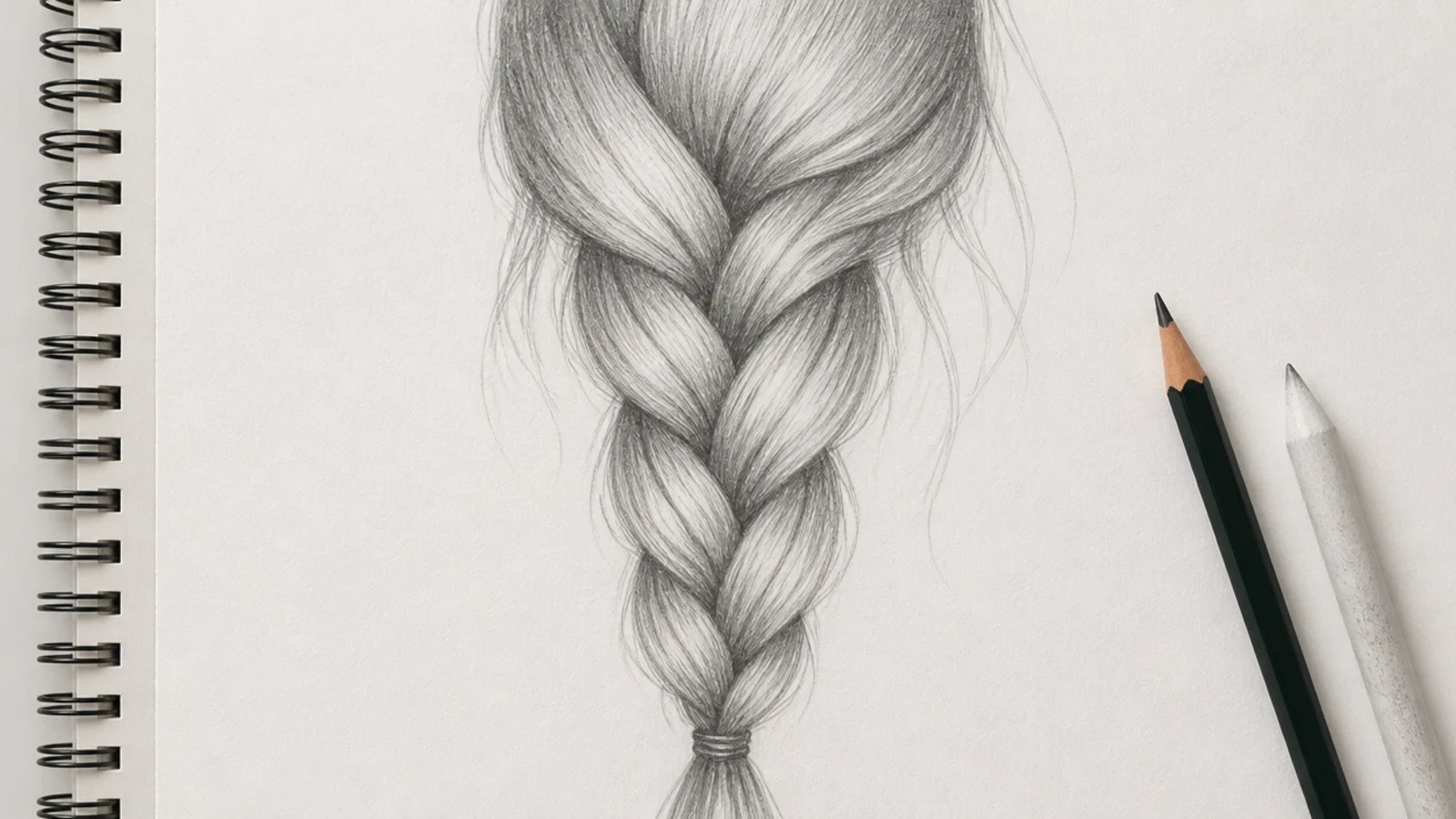 Pencil sketch of a long loose three strand braid drawn as stacked overlapping wedges down the back