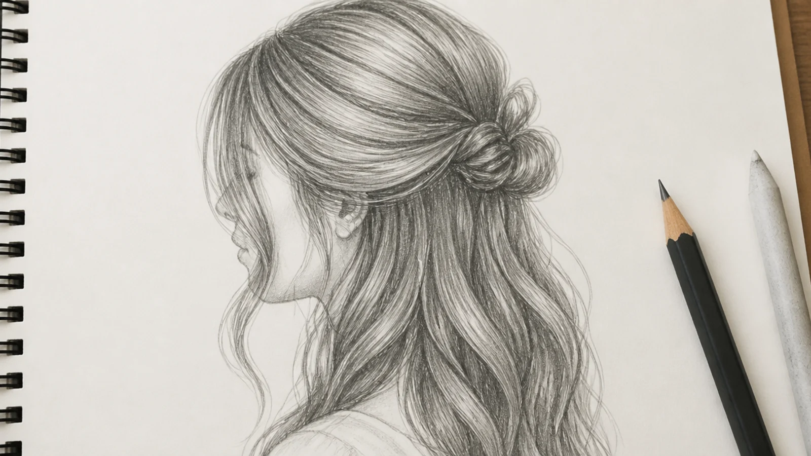 Graphite drawing of half up half down long hair with two face framing strands and a back section tied up