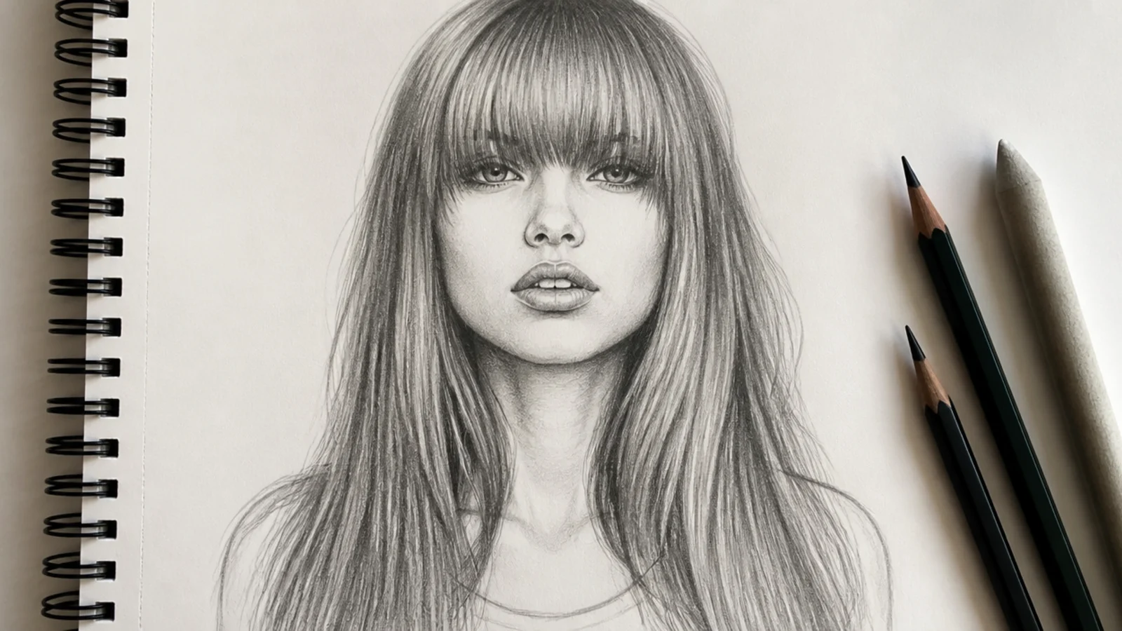 Pencil sketch of long hair with straight blunt bangs across the eyebrows and length falling past the chest