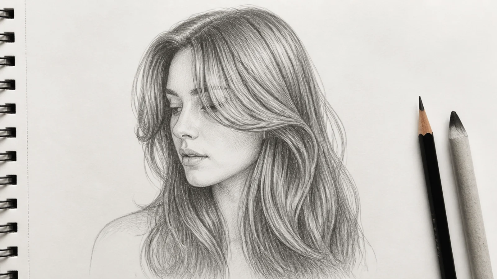 Graphite three quarter sketch of long hair with curtain bangs parted in the middle sweeping to each side