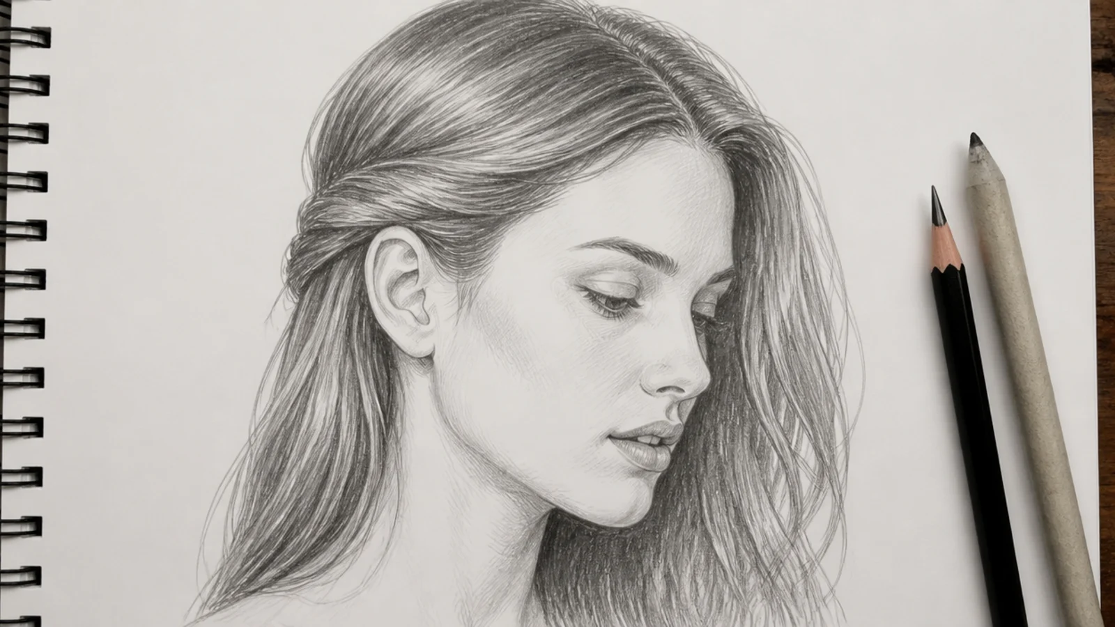 Pencil sketch of long hair tucked behind one ear showing the tuck line and hair falling free on the other side
