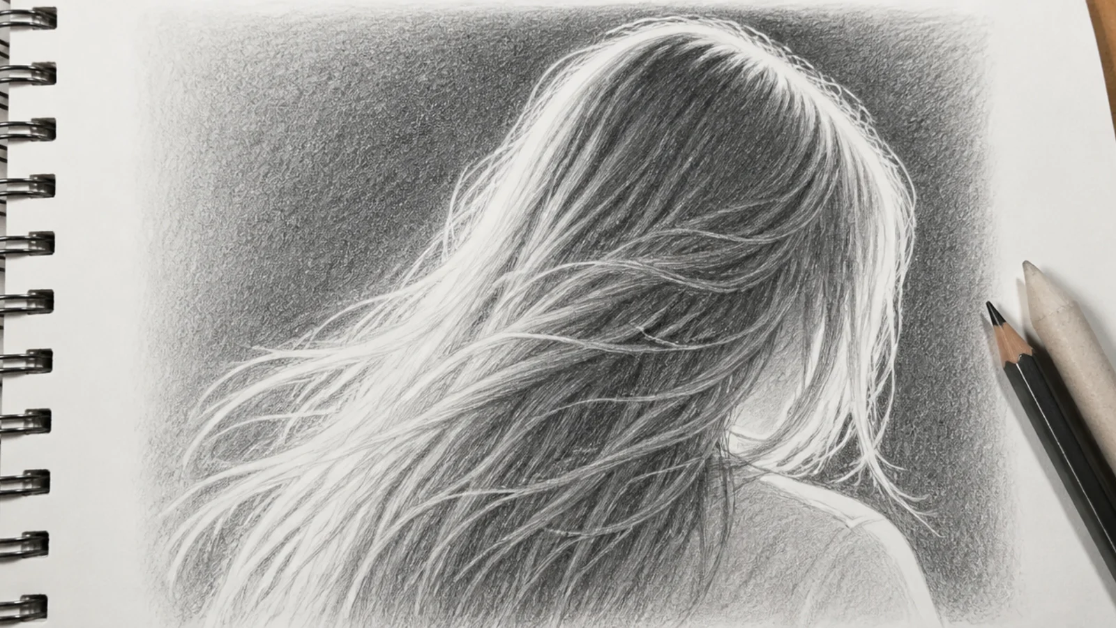 Graphite drawing of long backlit hair with a bright rim of light along the silhouette against dark shading