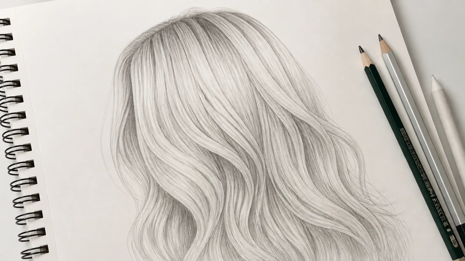 Pencil sketch of long blonde hair drawn mostly in light 2H and HB values with only small dark accents