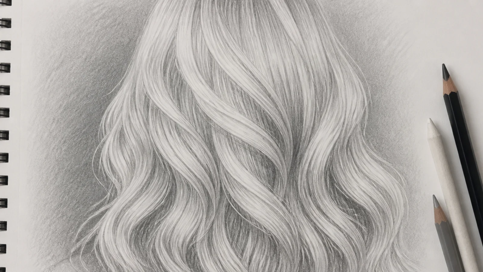Graphite sketch of long silver gray hair rendered with a shaded background so white hair reads on white paper