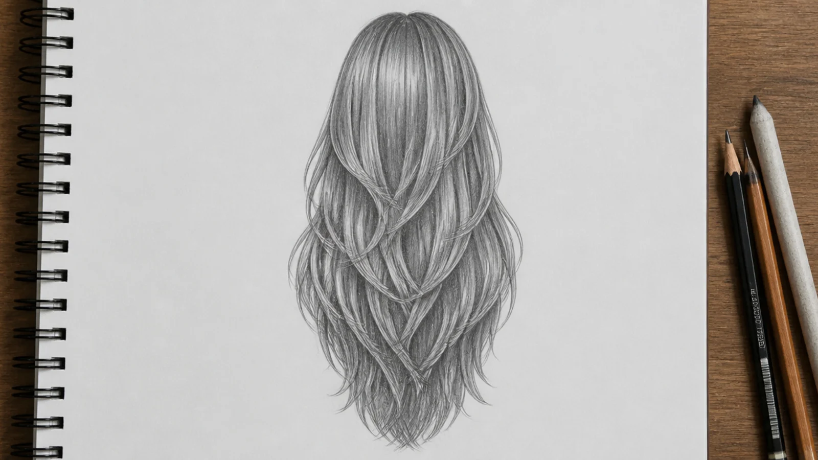 Pencil drawing of waist length layered hair showing shorter face framing layers over longer under length