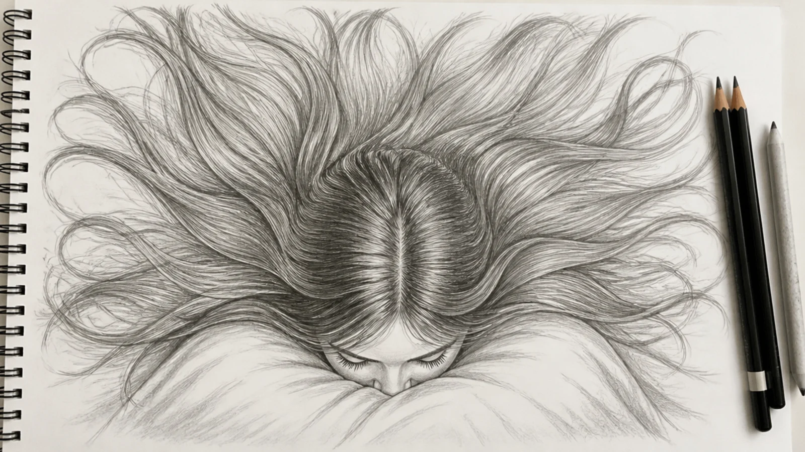 Graphite overhead sketch of long hair spread out flat around a head on a pillow in radiating sections