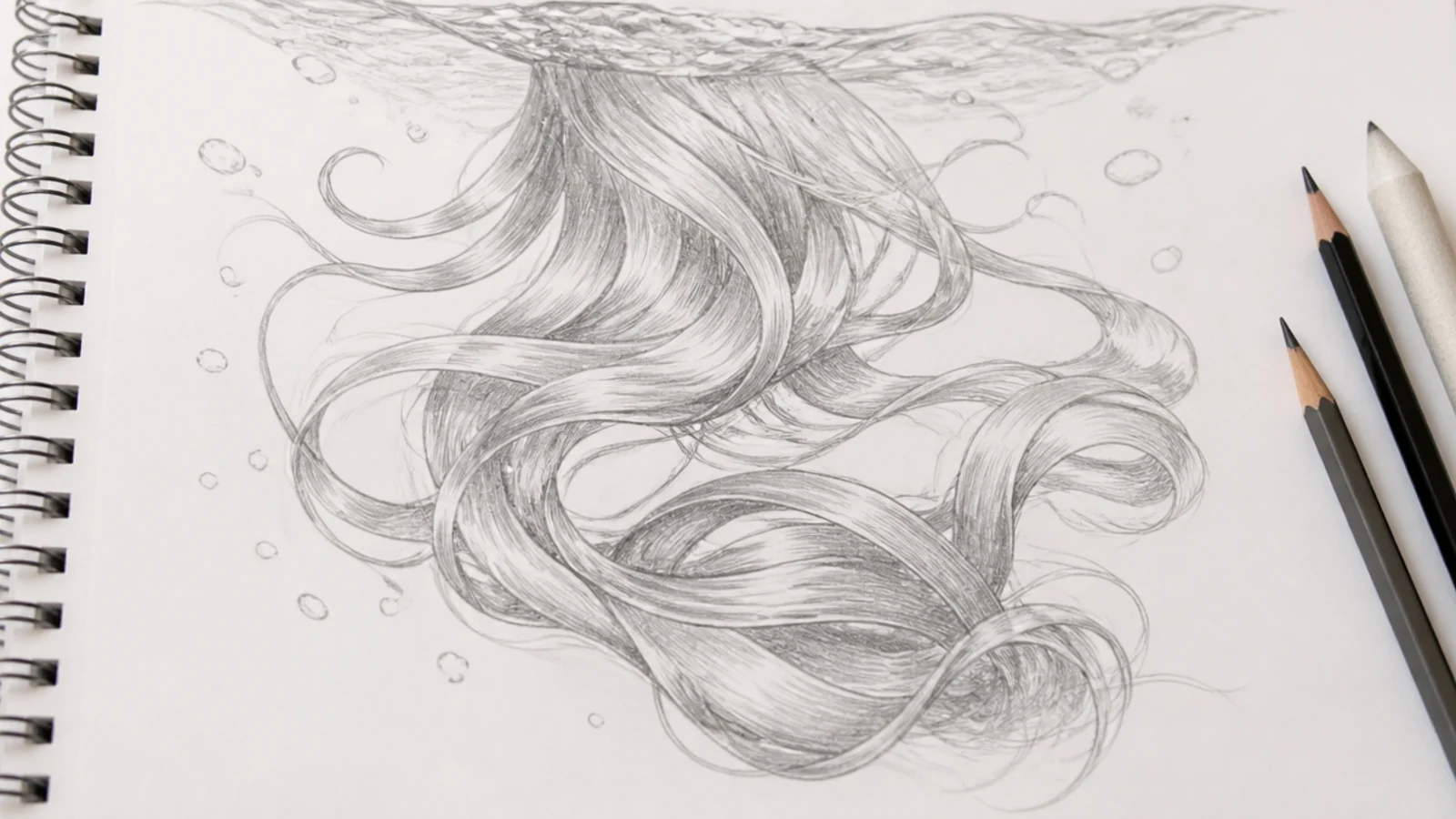 Pencil sketch of long hair floating underwater in slow curling ribbon shapes with soft edges