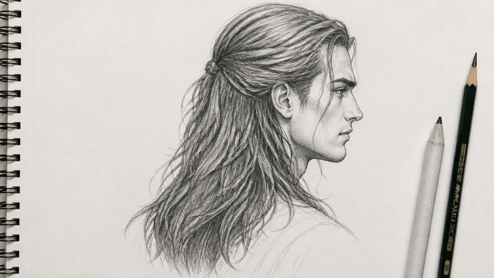 Graphite sketch of long male character hair to the shoulder blades tied half back with a higher hairline