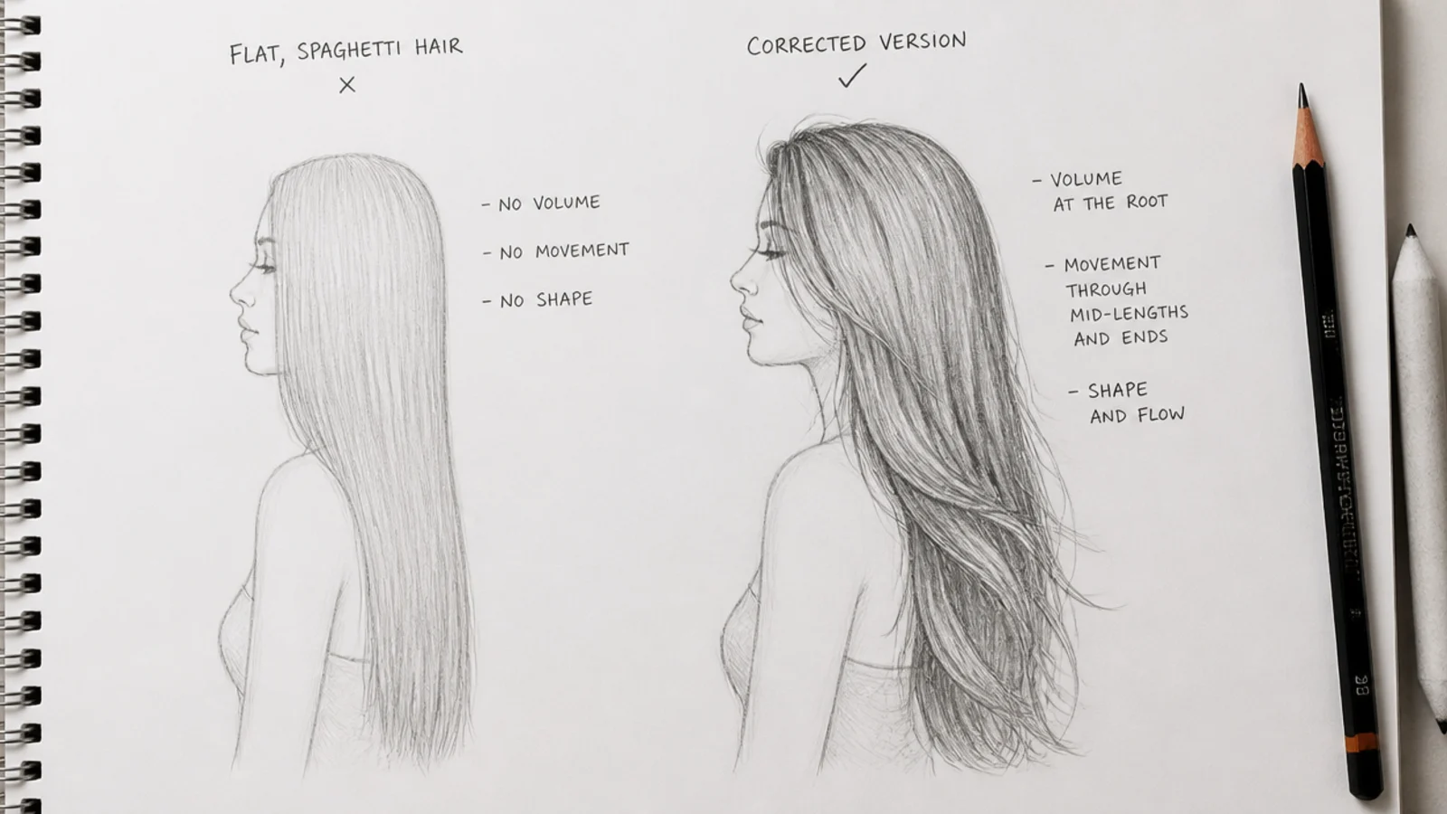 Side by side pencil sketches showing a flat spaghetti long hair drawing next to the corrected version
