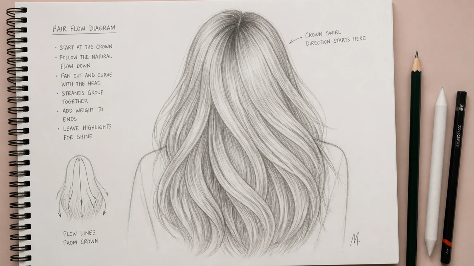 Pencil diagram of long hair flow lines fanning outward from the crown swirl down the back and sides
