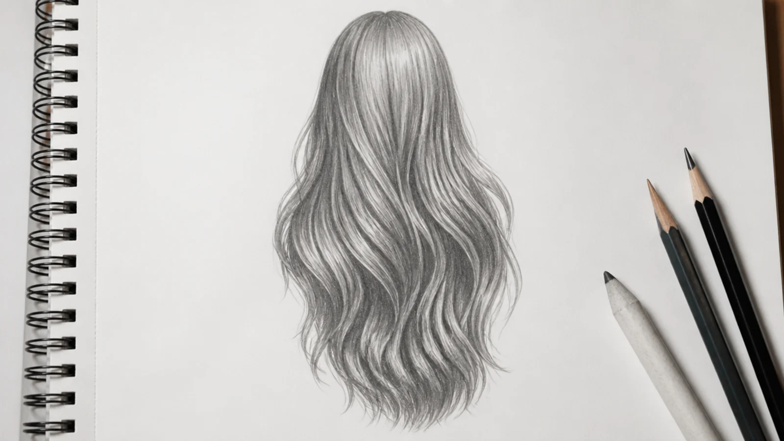 Long hair sketch in graphite on white paper showing waist length hair blocked as one silhouette then shaded