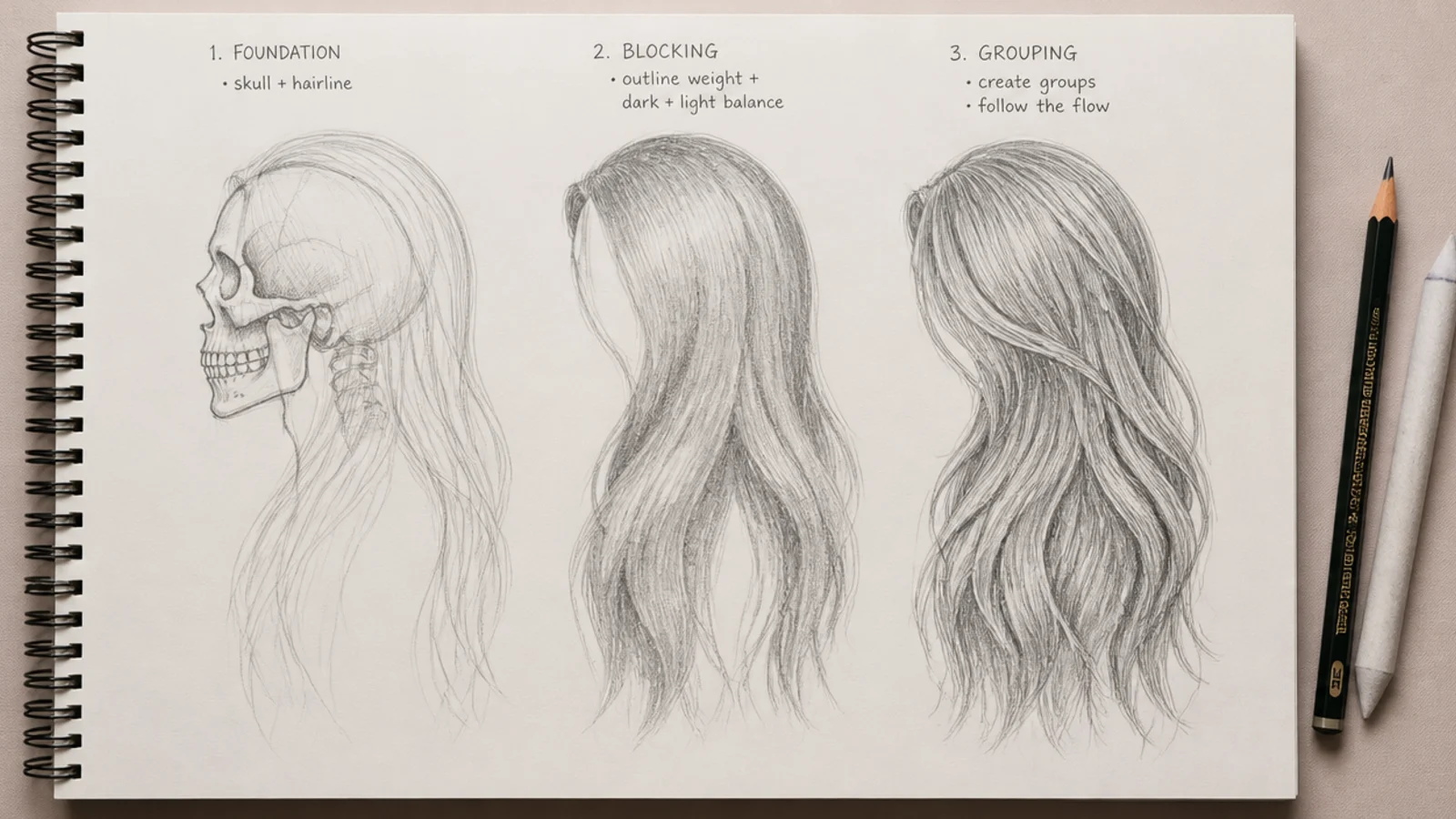 Three stage pencil long hair sketch showing skull, blocked full length silhouette, then grouped strands