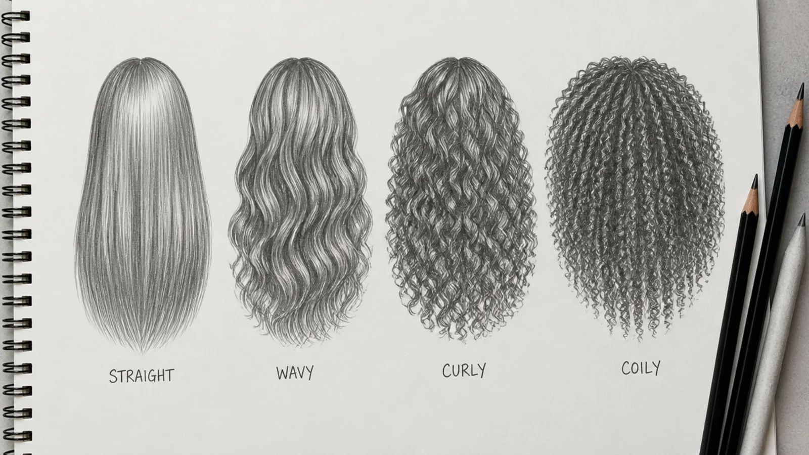Four pencil sketches comparing long straight, wavy, curly and coily hair drawn side by side