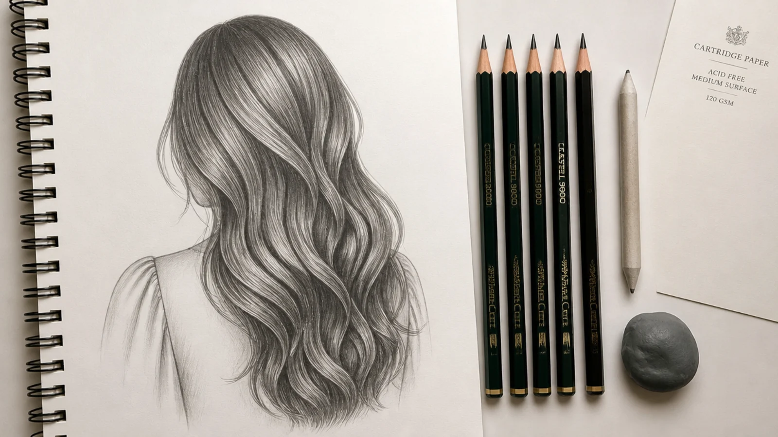 Flat lay of 2H HB 2B 4B and 6B pencils, kneaded eraser, blending stump and cartridge paper for hair sketching