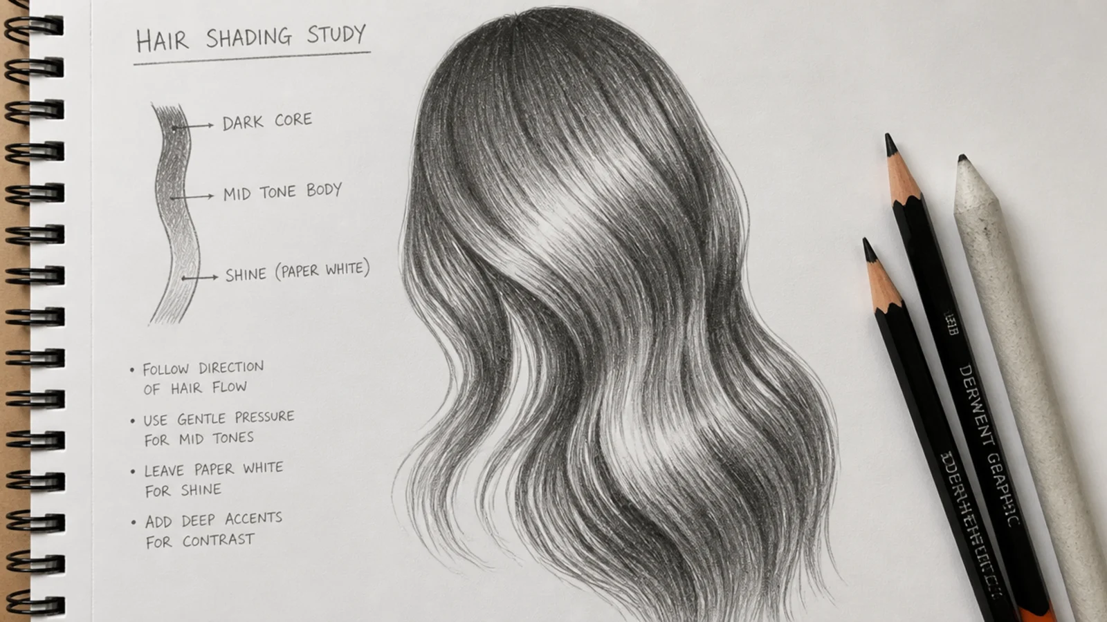 Graphite shading study of long hair showing dark core, mid tone body and a white paper shine band
