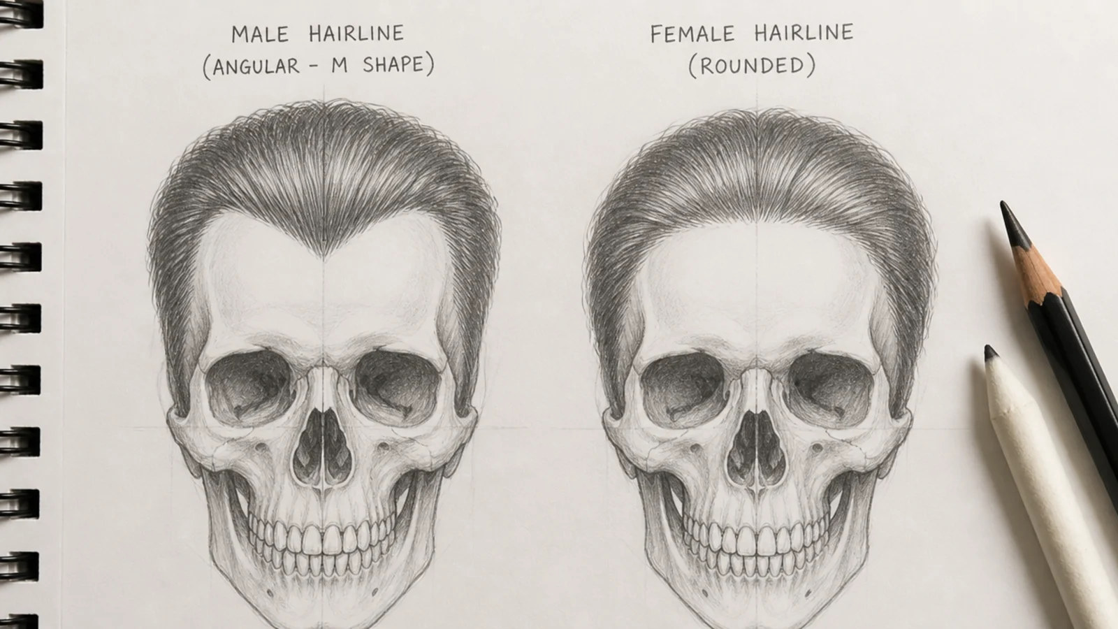 Pencil sketch of two identical skulls compared with an angular M-shaped male hairline and a rounded female hairline