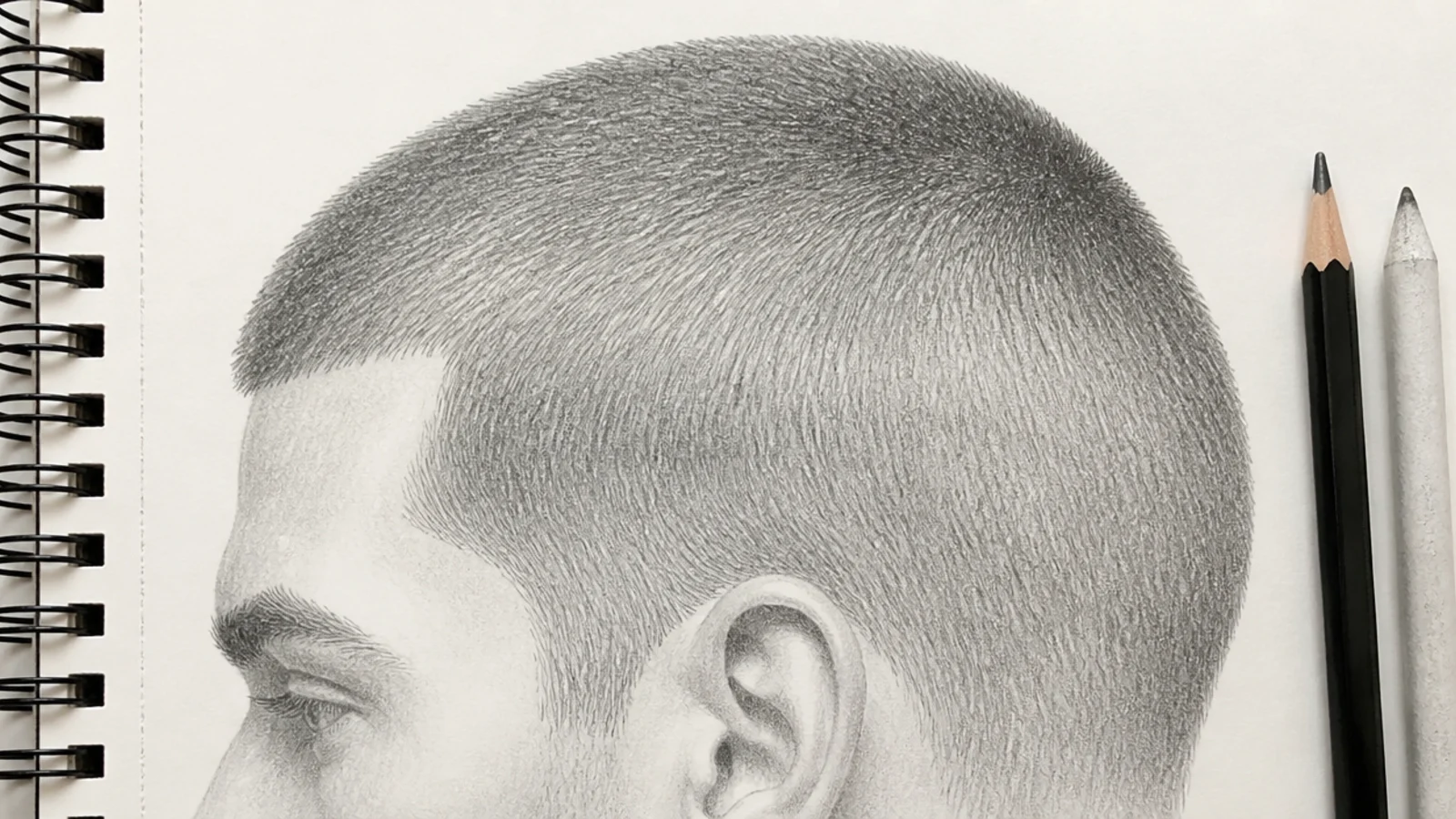 Pencil sketch of a male buzz cut drawn as a soft graphite shadow following the curve of the skull