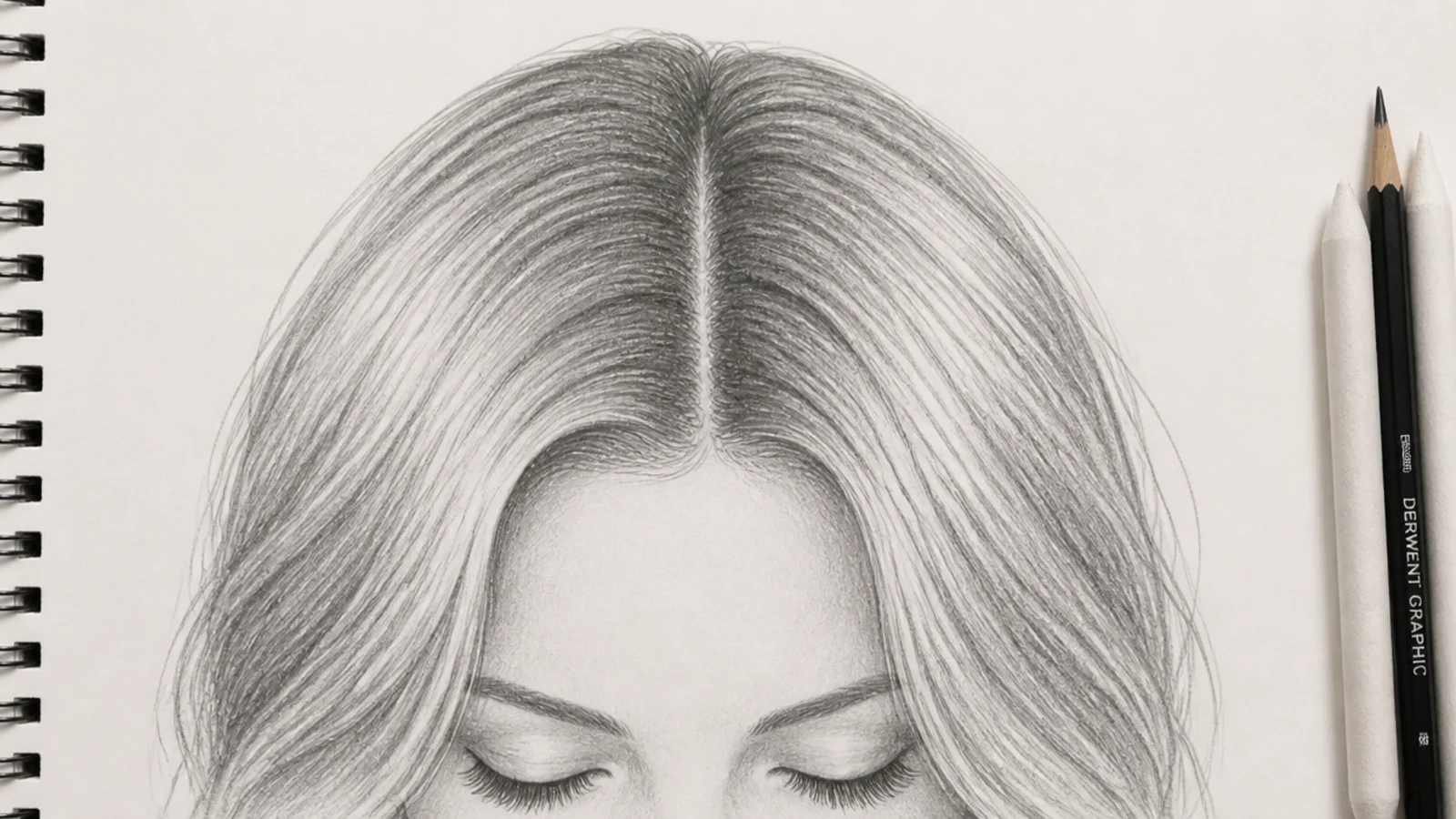 Pencil sketch of a female head with a low rounded hairline and a center part with hair falling in two masses