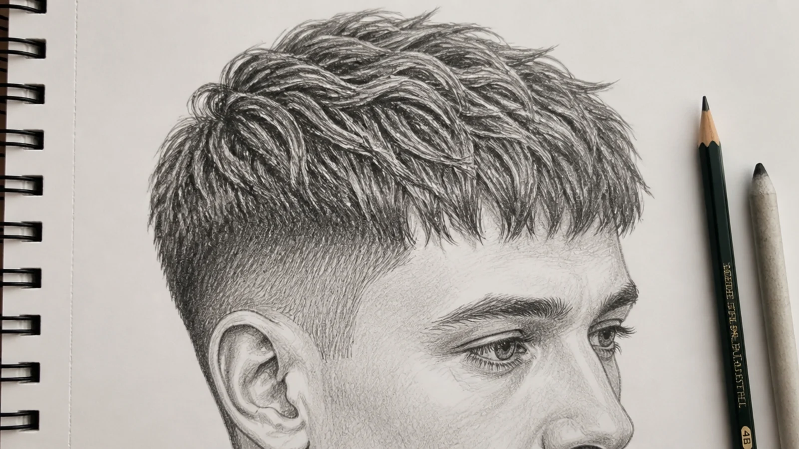 Pencil sketch of a male textured crop haircut with a forward fringe drawn in short choppy graphite flicks