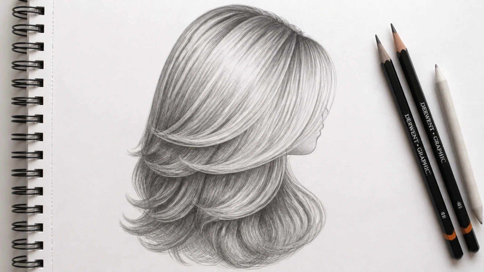 Pencil sketch of a female blowout hairstyle drawn as three overlapping S curve masses with a crown highlight band