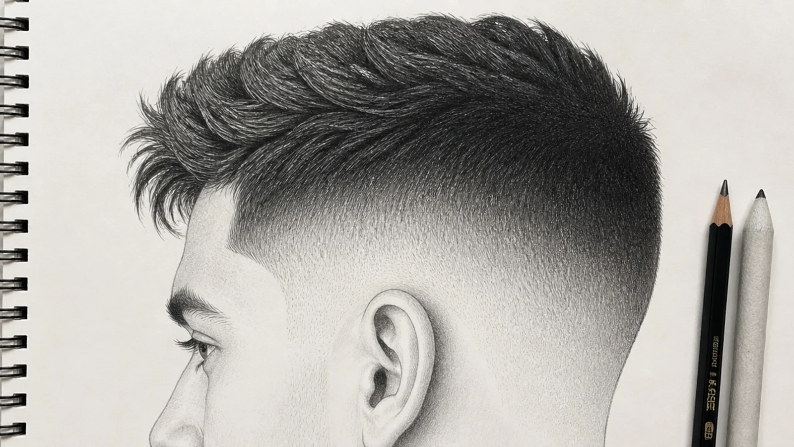 Pencil sketch of a male skin fade haircut showing a gradient from bare paper at the ear to a dark 6B crown