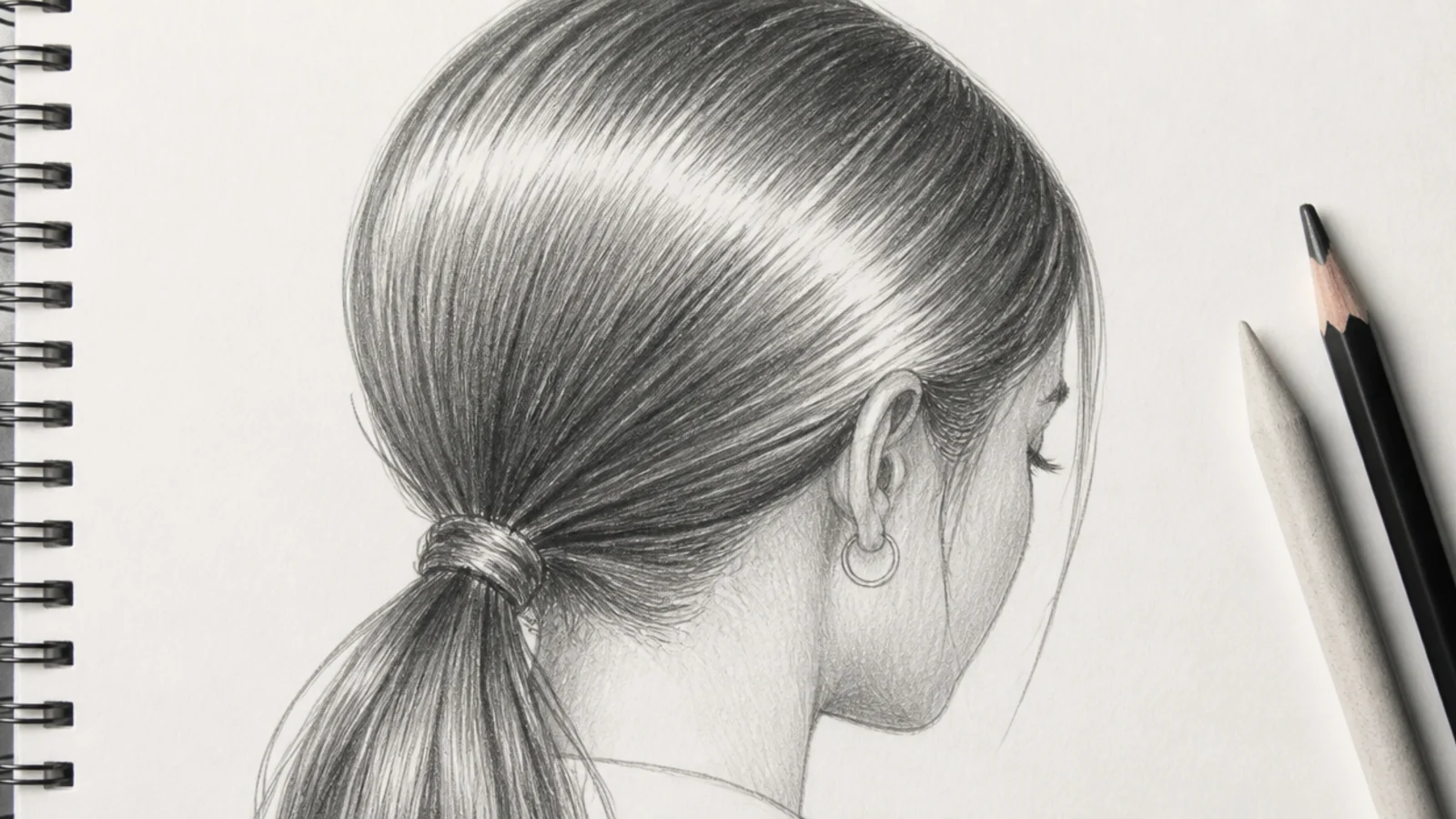 Pencil sketch of a female sleek low ponytail with a bright highlight band across the crown and strands converging at the tie