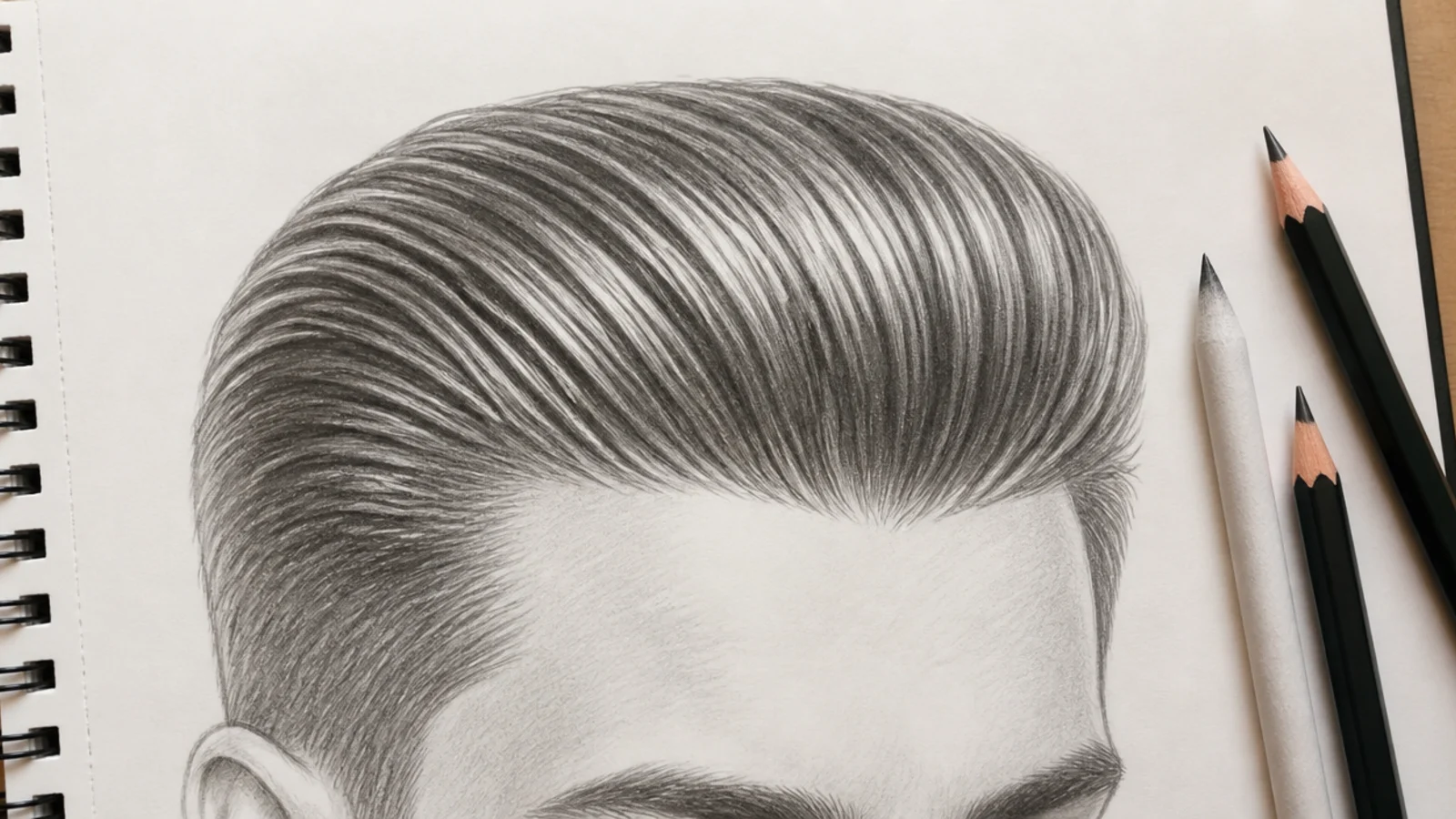 Pencil sketch of male slicked back hair showing parallel comb grooves following the curve of the skull