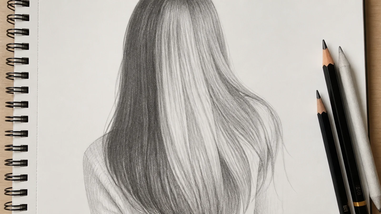 Pencil sketch of long straight female hair falling past the shoulder blades in three tonal masses