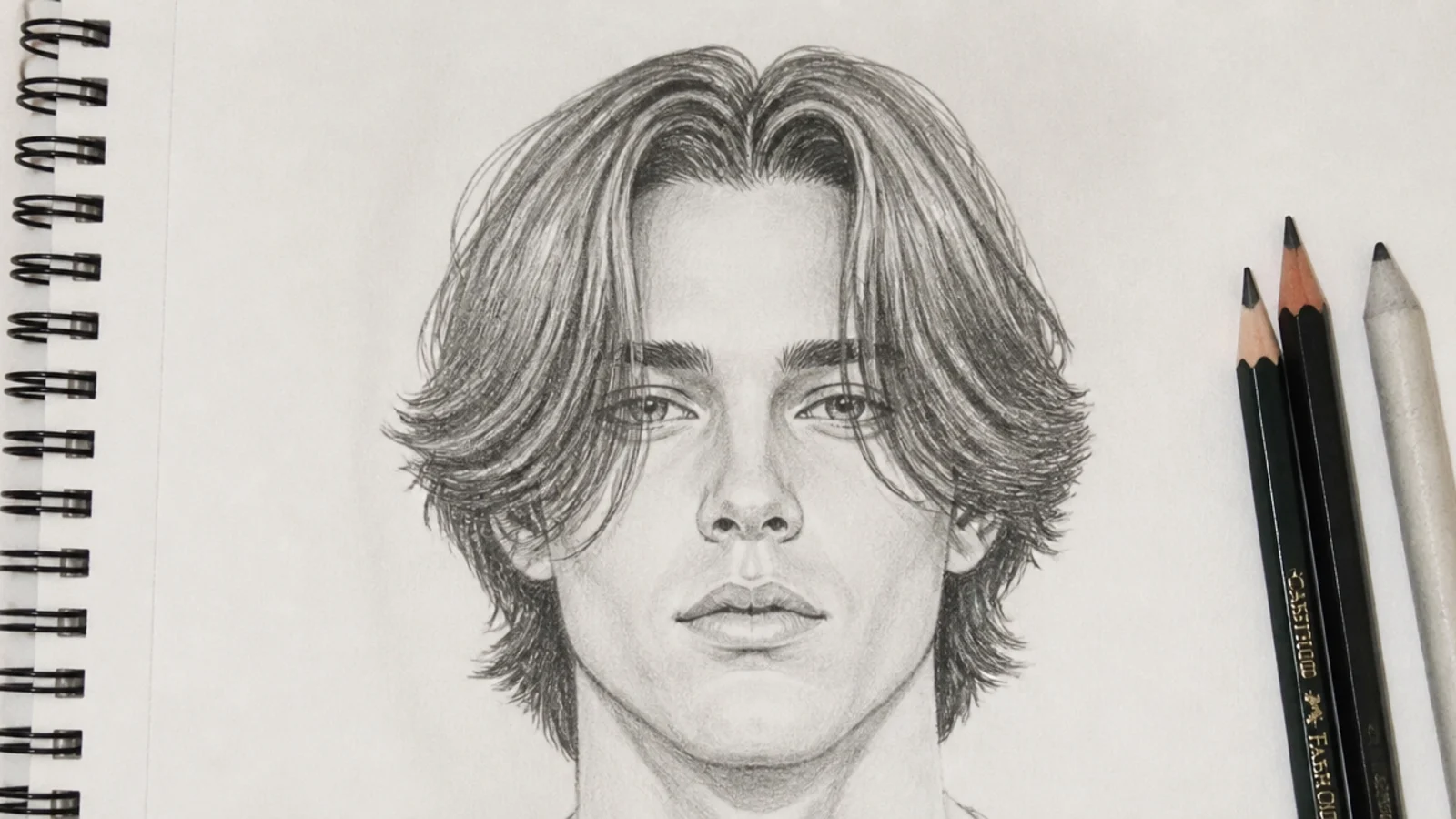 Pencil sketch of a male curtain bangs hairstyle split at the center falling to chin length with angular edges