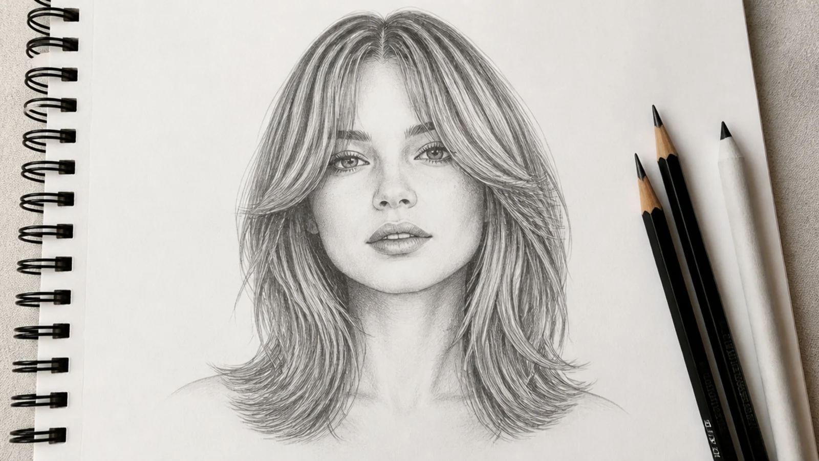 Pencil sketch of female curtain bangs with a soft rounded hairline and feathered ends falling to the collarbone