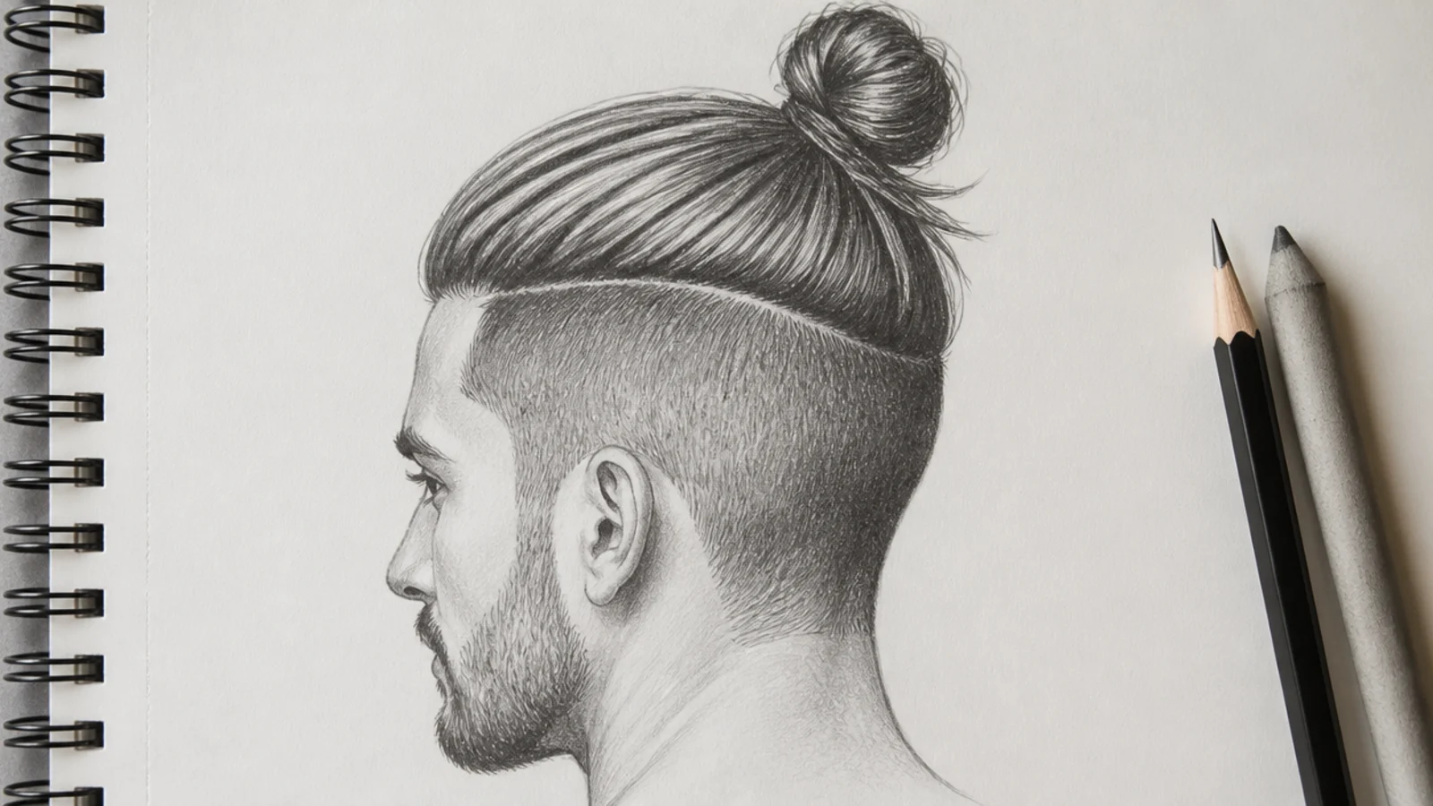 Pencil sketch of a male top knot tied high on the skull with tight shaved sides and a defined neckline