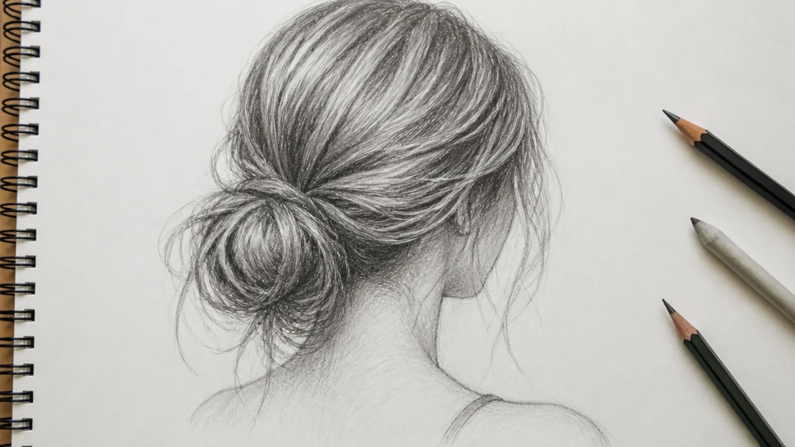 Pencil sketch of a female messy bun at the nape with loose escaping strands and a soft broken silhouette