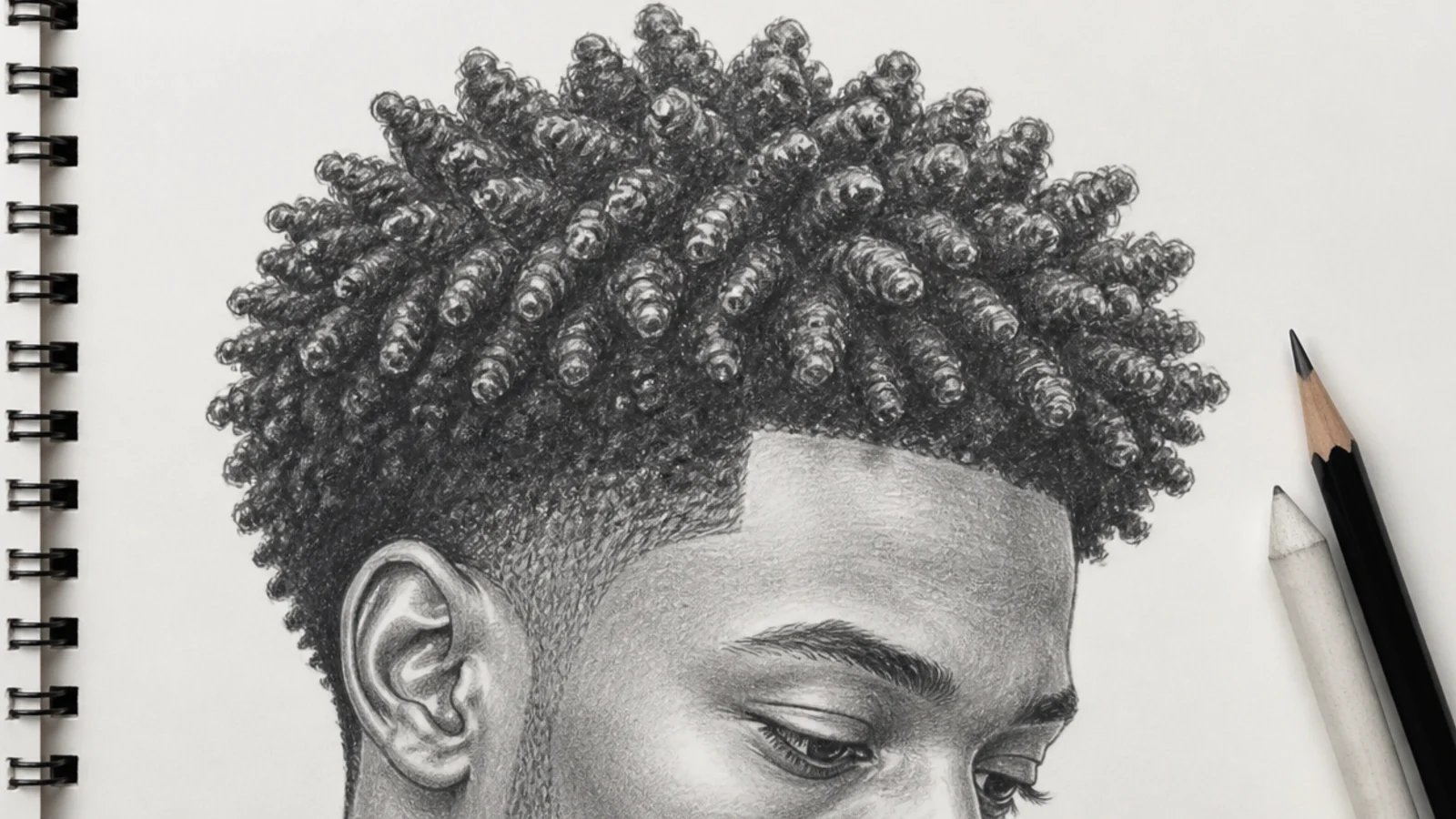 Pencil sketch of male 4C coily hair drawn as clumped graphite value shapes with soft highlights on each clump