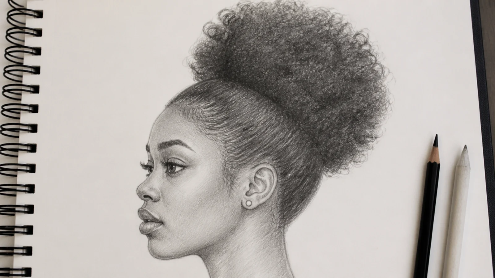 Pencil sketch of a female afro puff drawn as a soft halo silhouette with a light rim and dark core