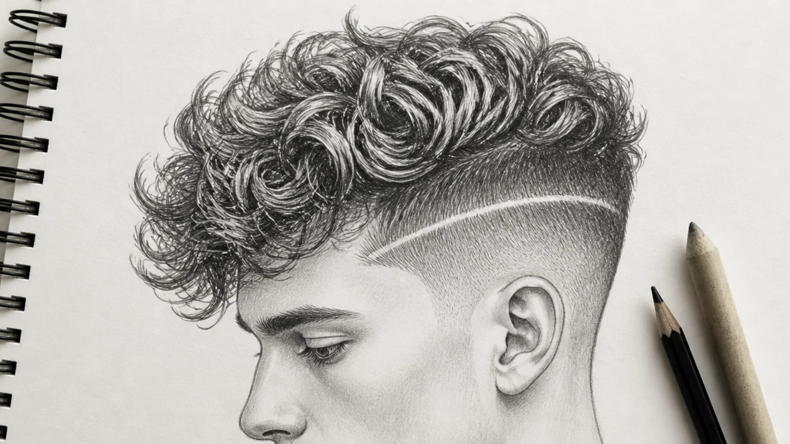 Pencil sketch of a male curly undercut showing ribbon curls on top and a hard edge line above shaved sides